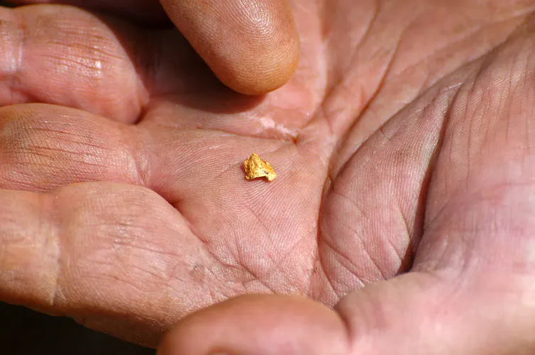 a flake of gold in the palm of a man's hand.