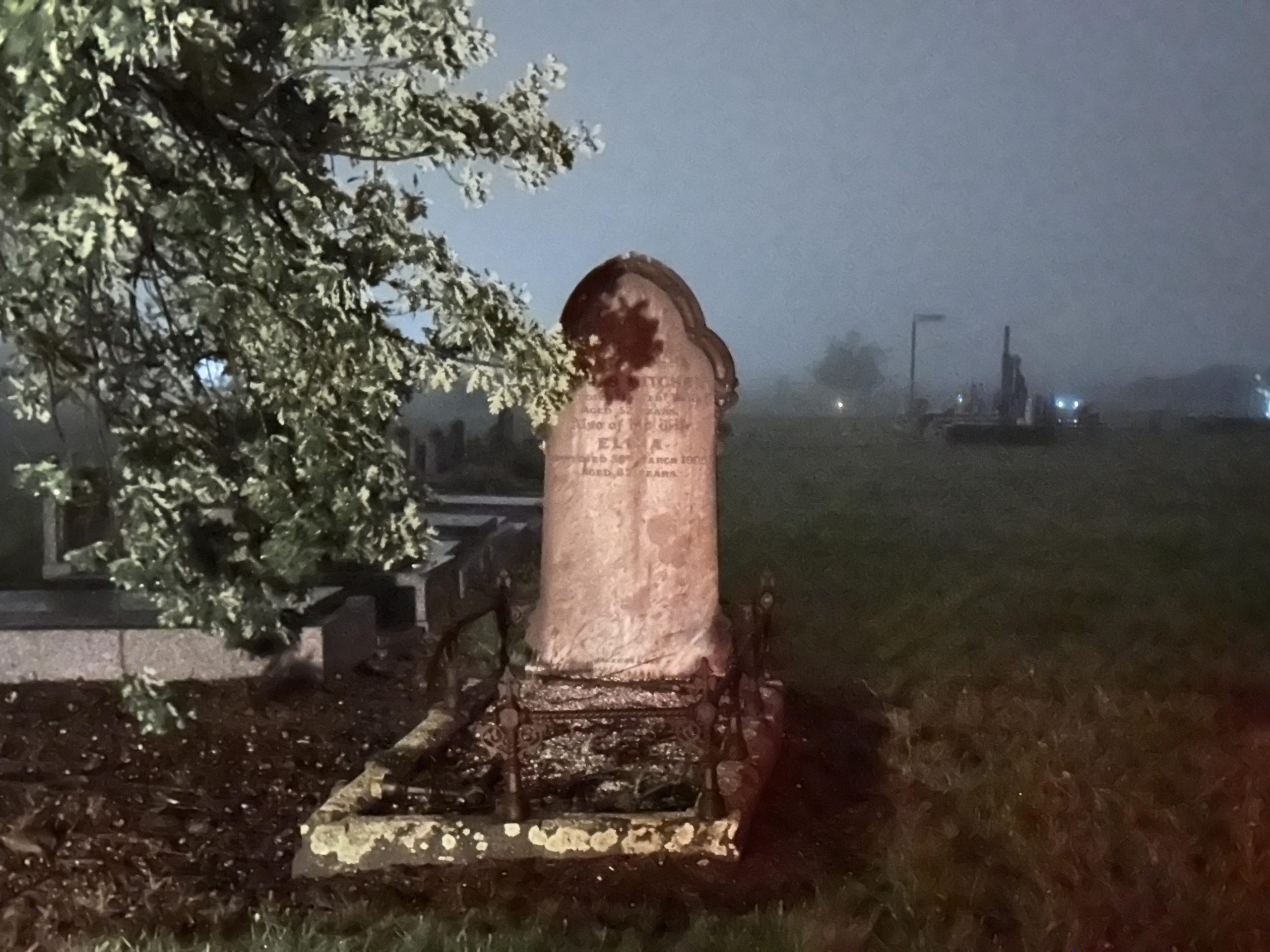 Sunbury Cemetery on a misty night. Photo by Dave White.