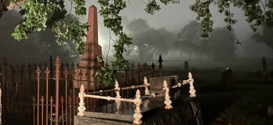 Sunbury Cemetery on a misty night. Photo by Dave White.