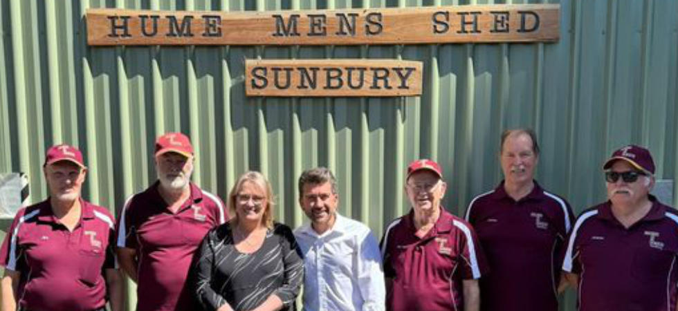 Members of the Sunbury Mens Shed, with Sunbury MP Josh Bull and Minister for Carers and Volunteers Ros Spence.