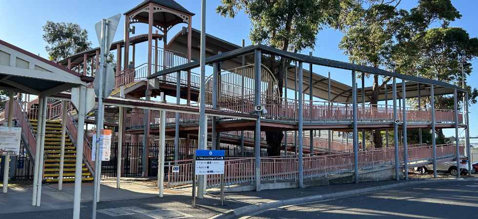 Stairs and ramps at Sunbury railway station. Residents want a lifts installed. Photo / Steve Hart