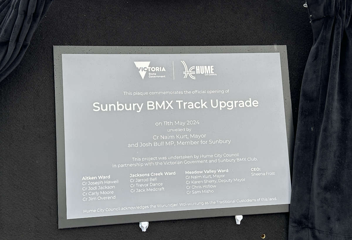The plaque unveiled by Josh Bull MP at the Sunbury BMX Club. Photo / Steve Hart.