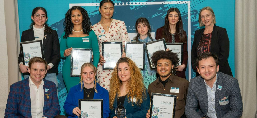 Young leader winners 2023. with councillors Jarrod Bell and Naim Kurt. Photo / supplied.
