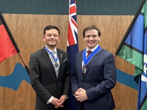 Hume City deputy mayor Naim Kurt (L) and mayor Jarrod Bell.