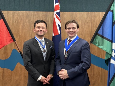 Hume City deputy mayor Naim Kurt (L) and mayor Jarrod Bell.