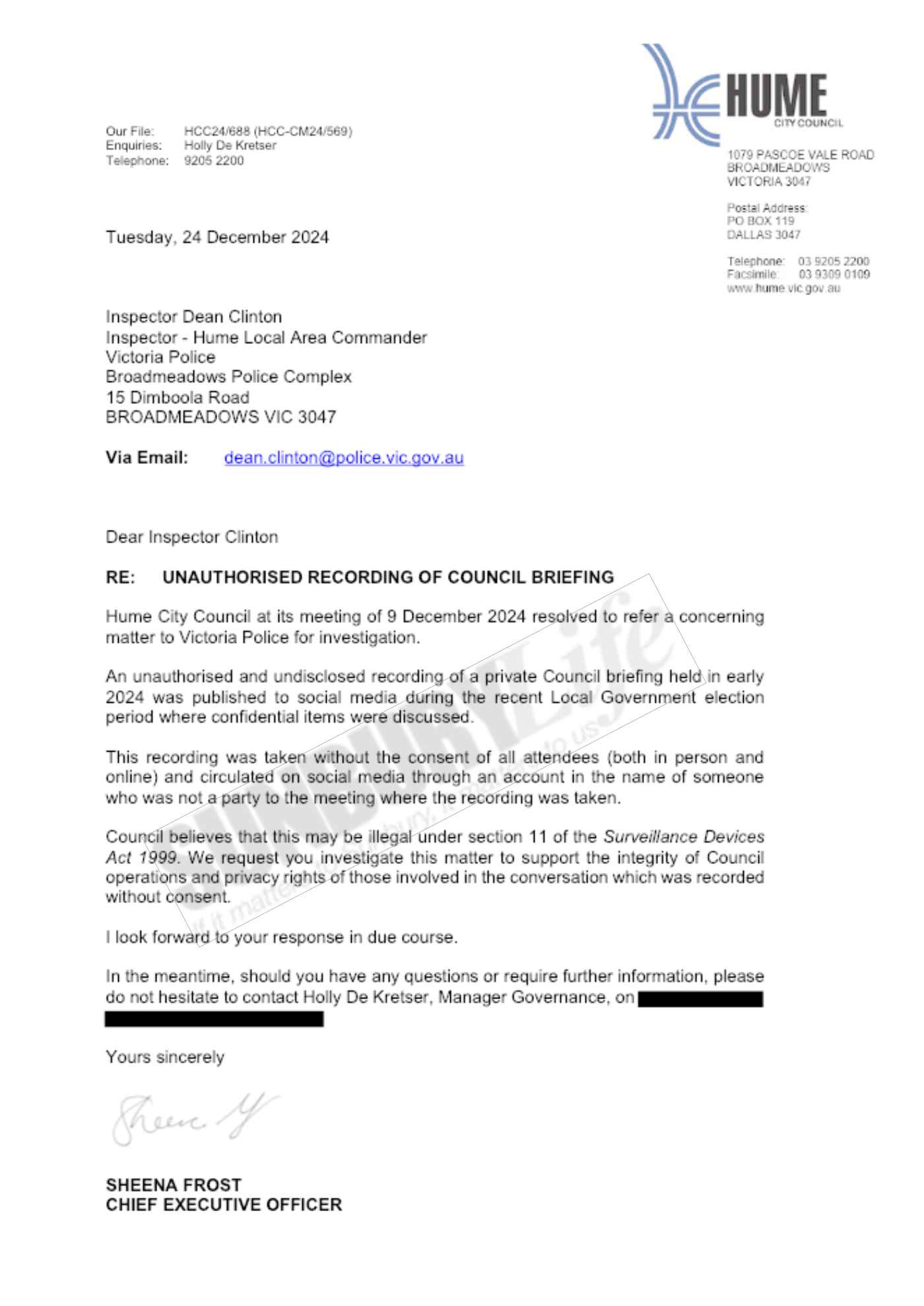 Hume Council letter to police.