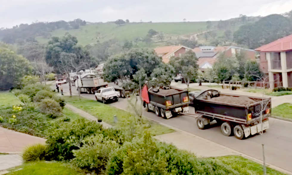 40-tonne trucks make their way down Canterbury Avenue, Sunbury.